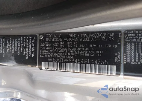 2004 BMW 330Ci из США, поврежденный, VIN WBABW53454PL44758